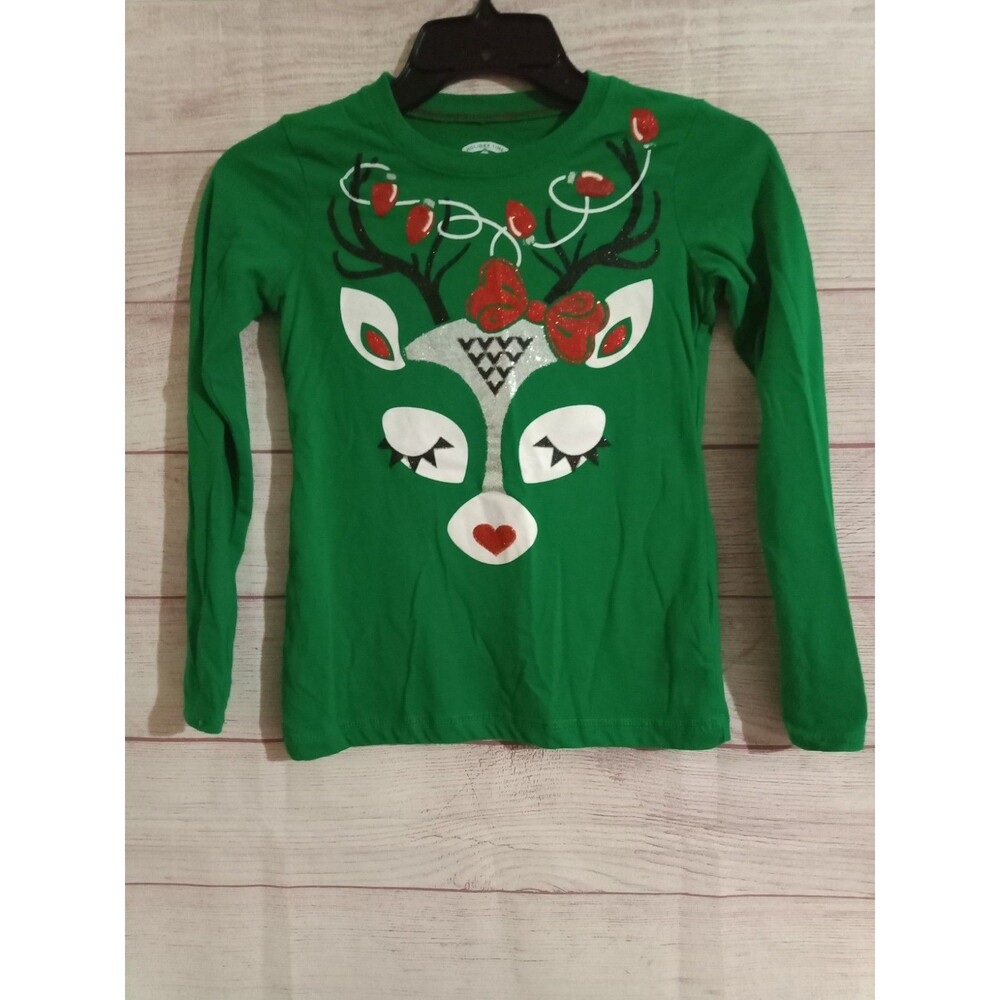 Holiday Time Glitter Reindeer Christmas Shirt Size Medium (7-8) Long Sleeve Girl